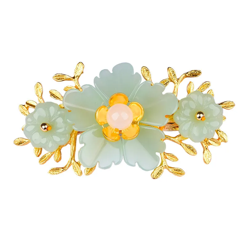 Green Jade Flower Barrette Des - Gold Plated Jewelry 评论和价格