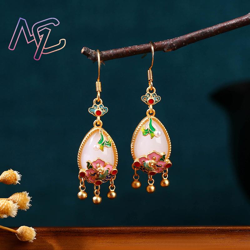 Natural Jade Flower Earrings C - Gold Plated Jewelry 评论和价格